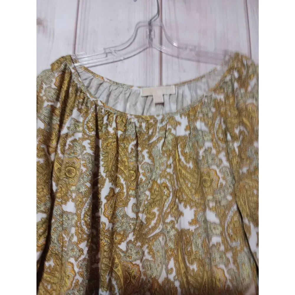 Michael‎ Kors Womens 1X Yellow Paisley Scoop Neck 3/4 Sleeve Blouse Top